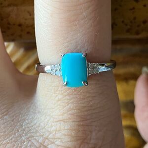 Sleeping Beauty Turquoise White Diamond Sterling Silver Ring Size 8